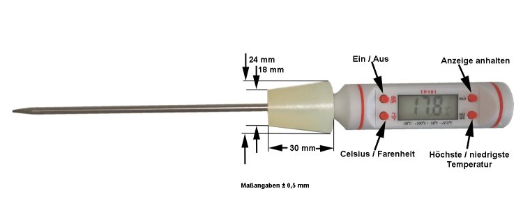 Schnelles Digital-Thermometer zum Destillieren, Silikonstopfen Ø 18-24 mm - zum Schließen ins Bild klicken